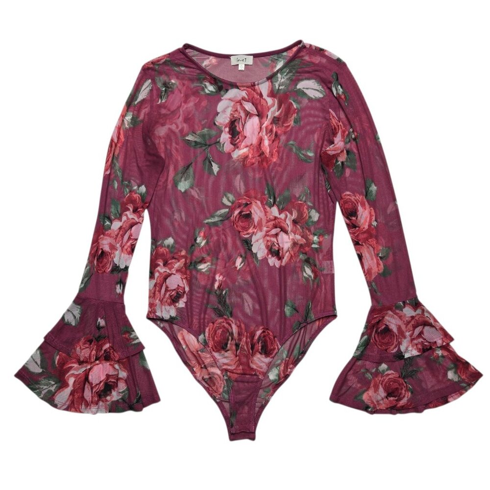 Love J Bodysuit Womens Juniors XL Red Floral Sheer Mesh Stretch Bell Sleeve